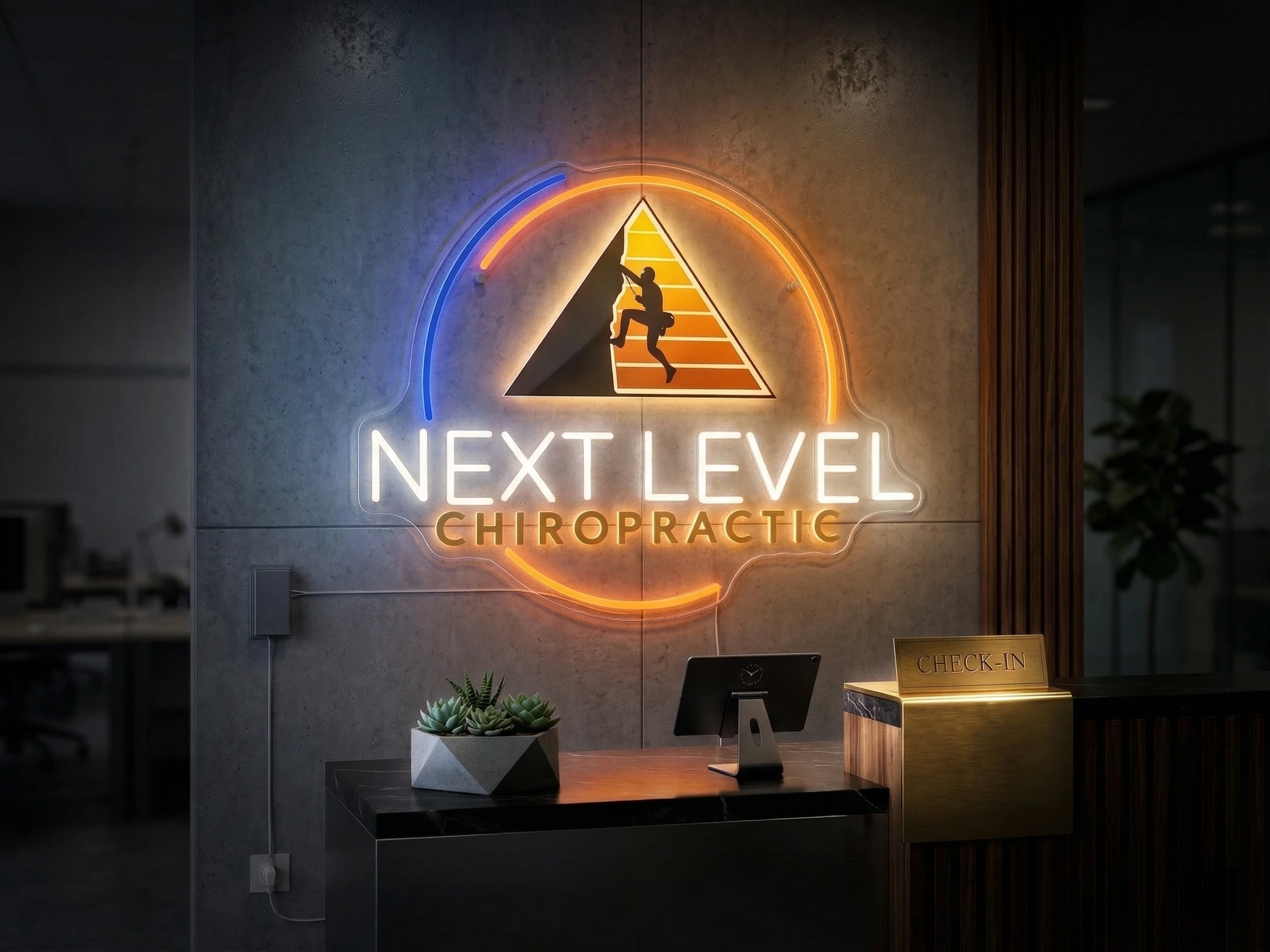 A custom business logo rendered as an LED neon sign
