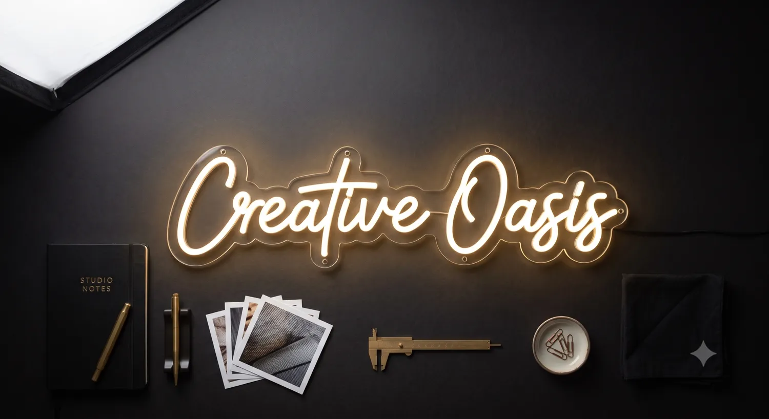 Warm white &lsquo;Creative Oasis&rsquo; script neon sign on a black studio wall above a flat-lay of brass stationery