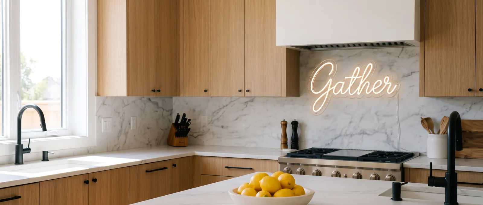 Warm white &lsquo;Gather&rsquo; script neon sign on clear acrylic above the range in a bright modern kitchen in daylight