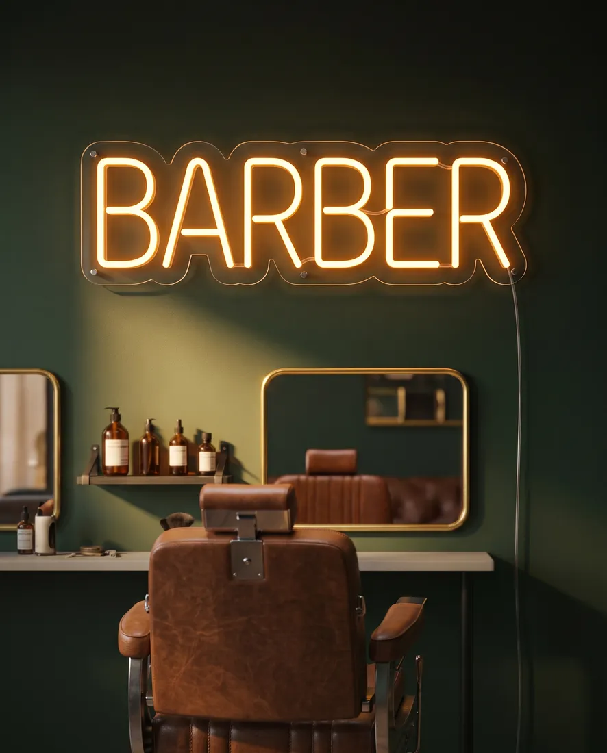 A warm amber &ldquo;BARBER&rdquo; LED neon sign on clear acrylic in a modern barbershop